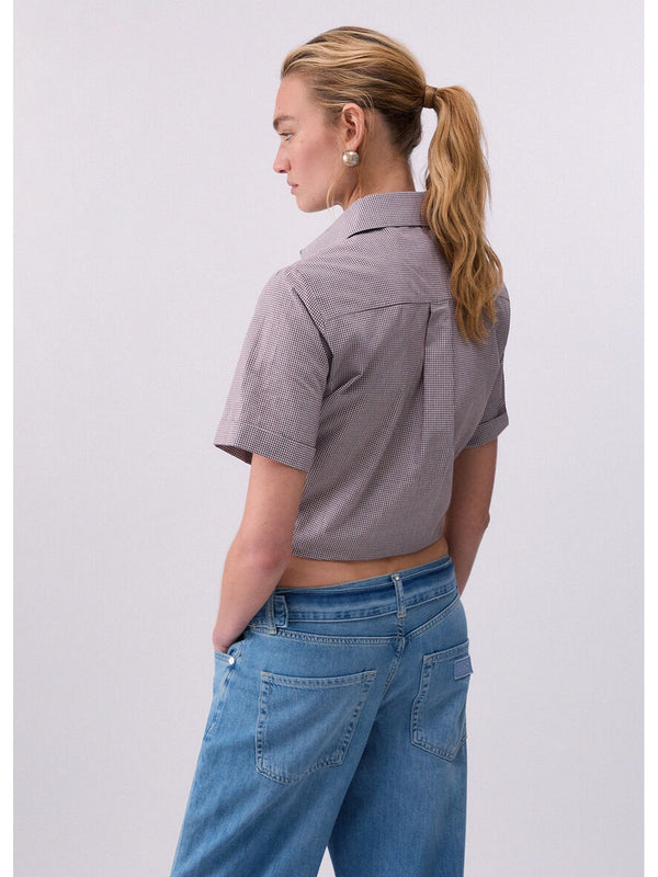 Liu Jo Camicia Donna Cropped Vichy Marrone con Castoni Gioiello e Nodo CA6248 T527A P9588