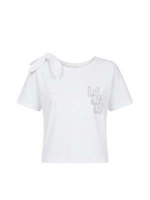 Liu Jo T-Shirt Donna Bianca con Fiocco e Logo LJ Diagonal VA6163 JS923 P9490