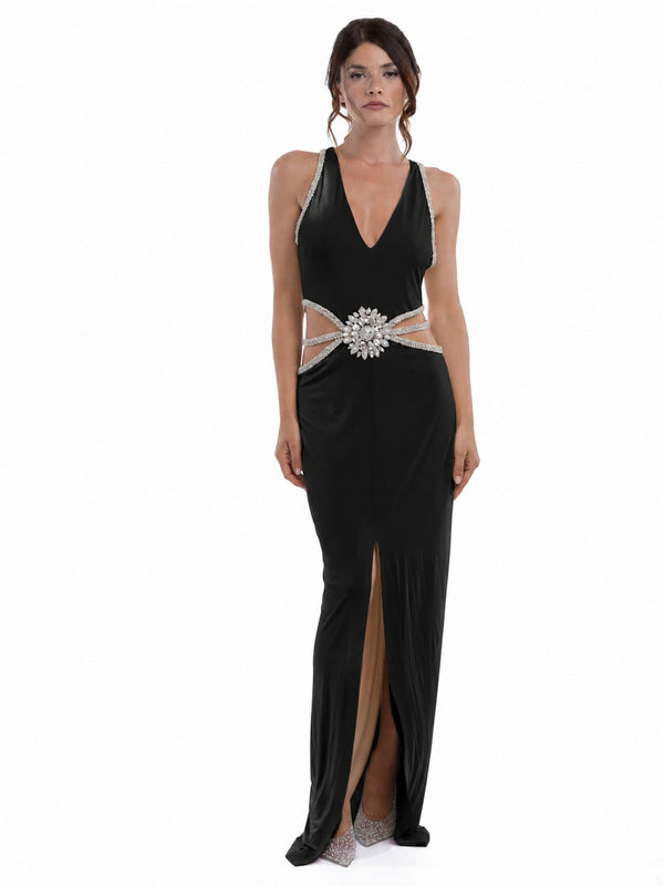 Forever Unique Abito Lungo Cerimonia Donna Nero con Strass AW20250103-Black