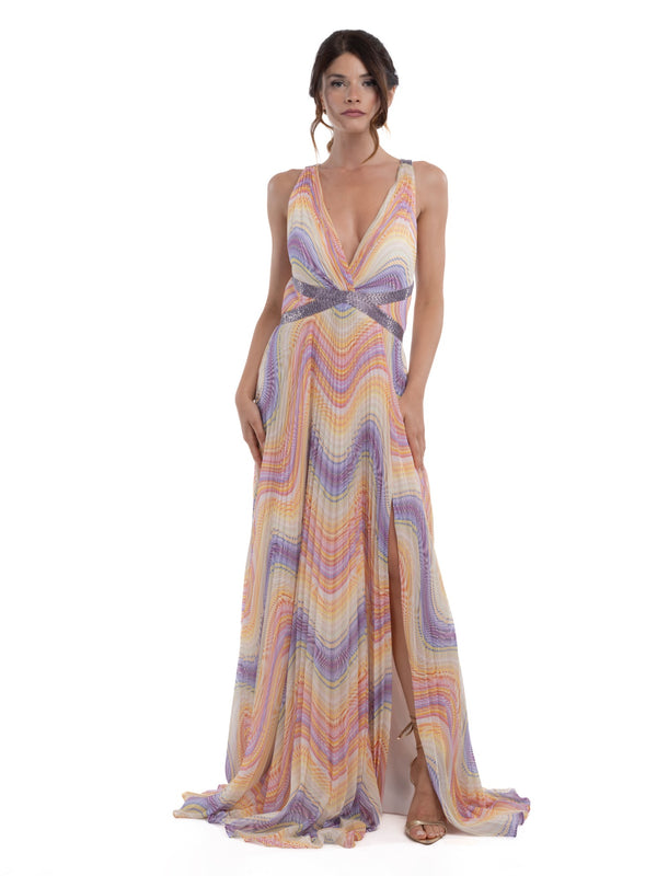 Forever Unique Abito Cerimonia Donna Missy Multicolore Plissé con Spacco AA16647