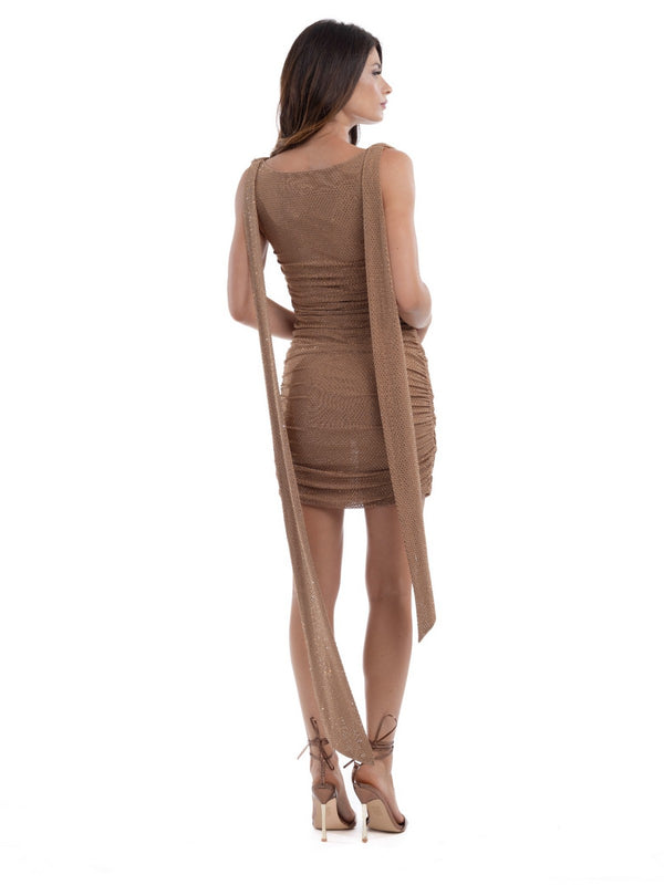 Forever Unique Abito Cerimonia Donna Revere Cappuccino con Strass e Drappeggio SS262MP