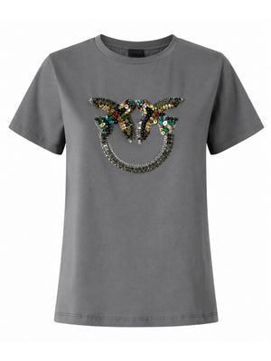 Pinko Quentin T-Shirt Donna Grigio Inverno K10 con Ricamo Gioiello Love Birds 100535A33F