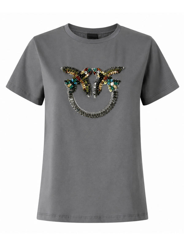 Pinko Quentin T-Shirt Donna Grigio Inverno K10 con Ricamo Gioiello Love Birds 100535A33F