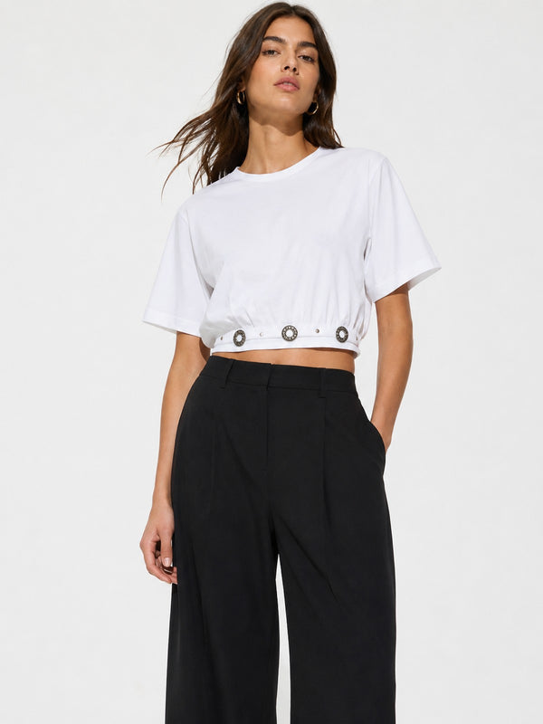 Pinko Maglia Donna Bianca Brillante ARIANO in Jersone con Lavorazione Traforata 106907A3AR-Z04