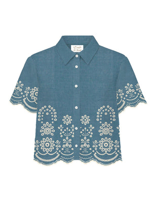 Mc2 Saint Barth Woman Crop Bluse Clementine Chambray M Morris Flower 10 Emb - Cem0001
