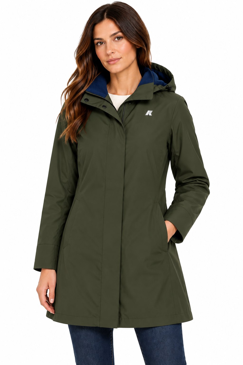K-Way Giubbotto Donna Mathy Bonded Verde Oliva Scuro con Interno Blu Depth e Cappuccio Rimovibile K2148BW-B3A