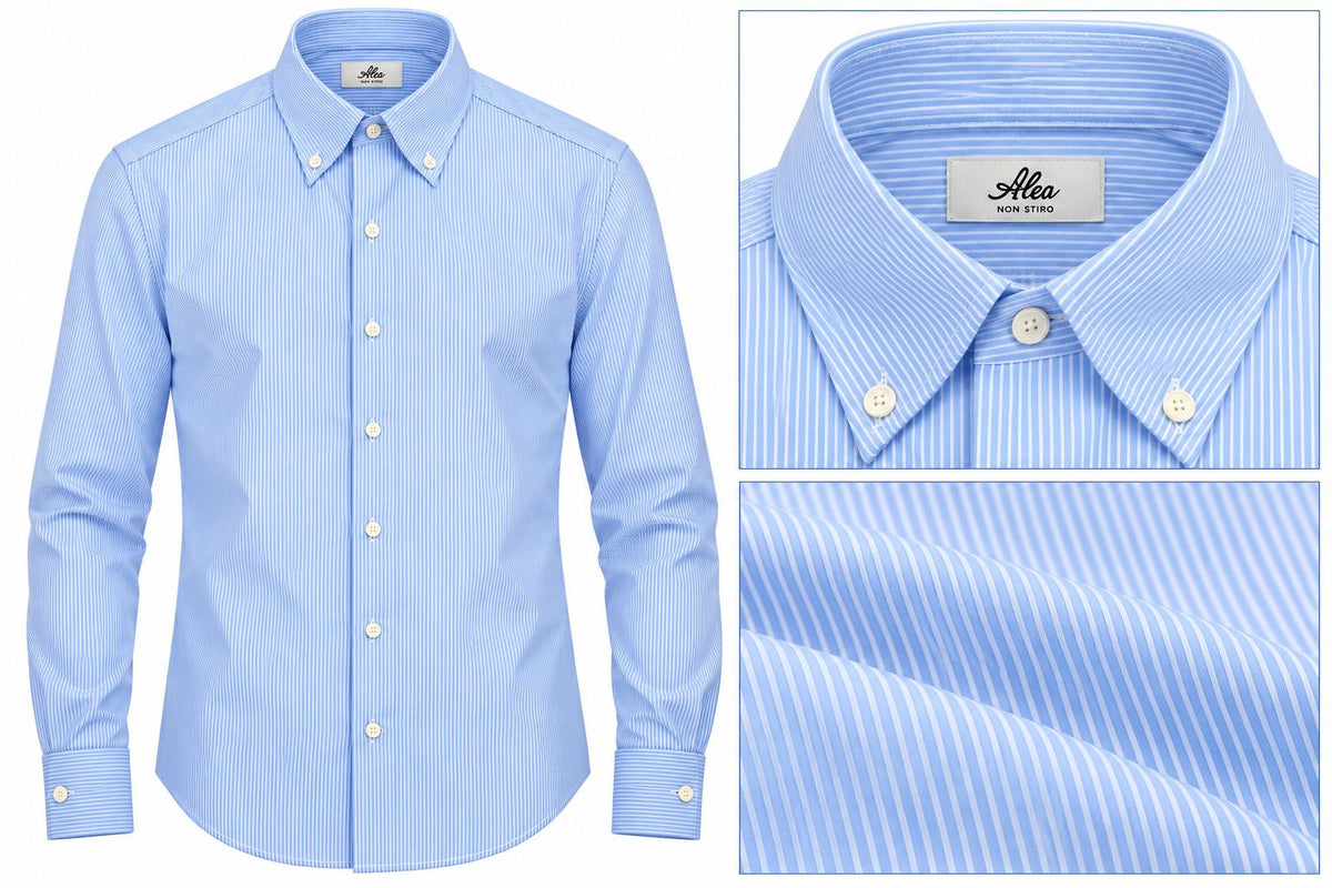 Alea | Camicia Uomo Non Stiro a Righe Sottili Celeste e Bianco | Collo Button Down | 6010-150