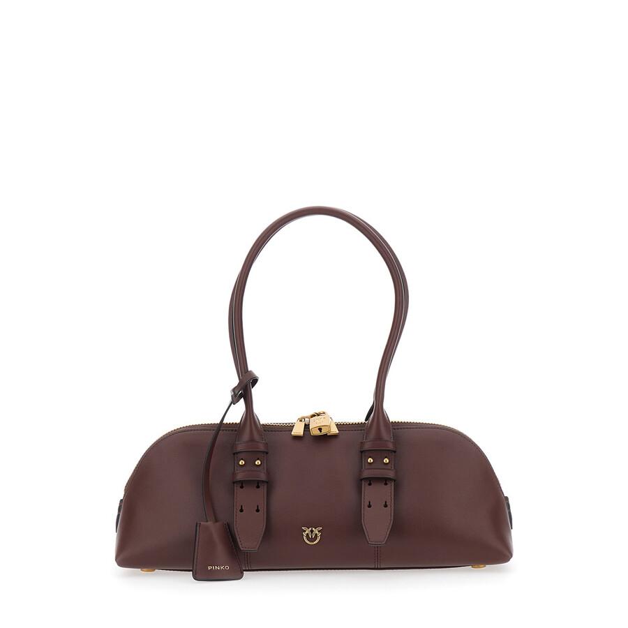 Pinko Bowling Horizontal Big Borsa Grande Donna in Pelle Marrone Scuro con Dettagli Oro 106169A3LO-L64Y