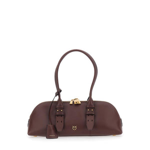 Pinko Bowling Horizontal Big Borsa Grande Donna in Pelle Marrone Scuro con Dettagli Oro 106169A3LO-L64Y