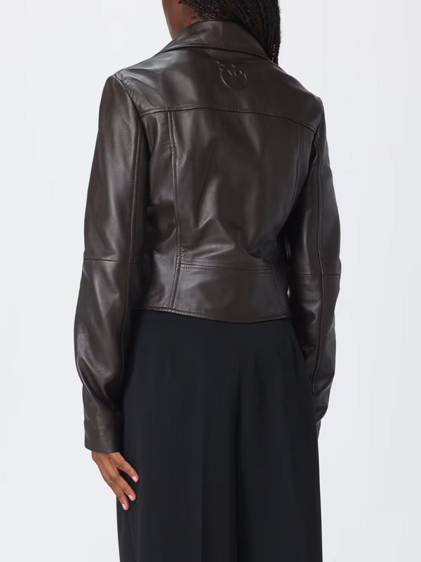 Pinko Giubbotto Donna New Sensibile Chiodo in Nappa Marrone Testa Moro 106247A3EB-L72