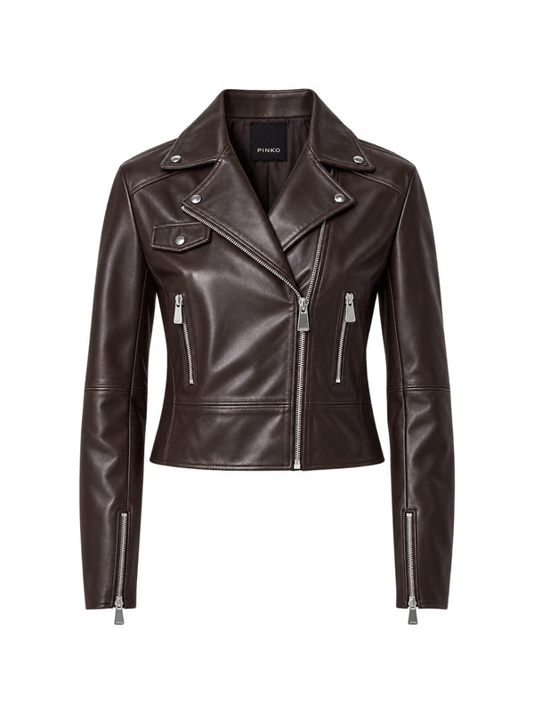 Pinko Giubbotto Donna New Sensibile Chiodo in Nappa Marrone Testa Moro 106247A3EB-L72