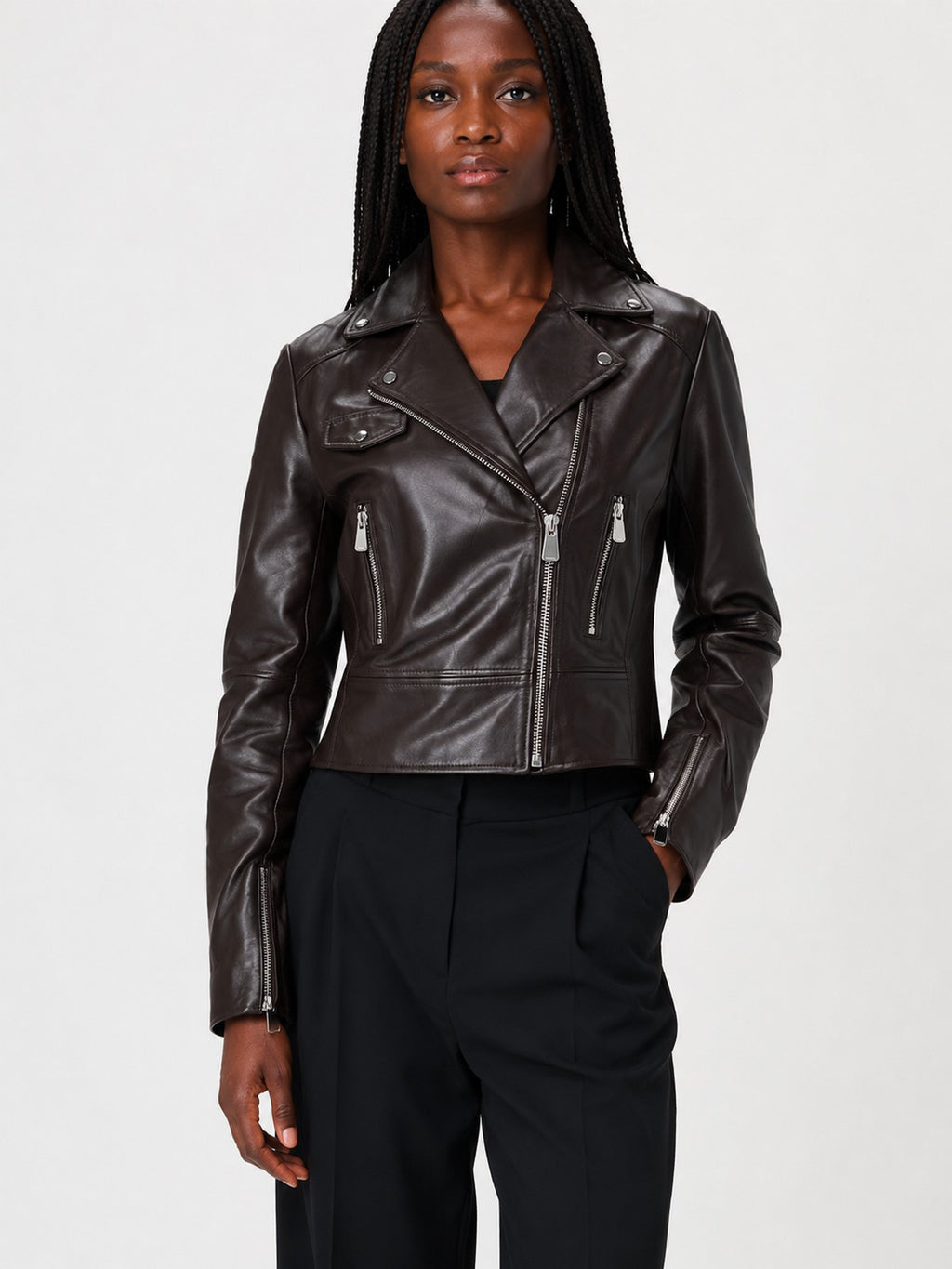 Pinko Giubbotto Donna New Sensibile Chiodo in Nappa Marrone Testa Moro 106247A3EB-L72