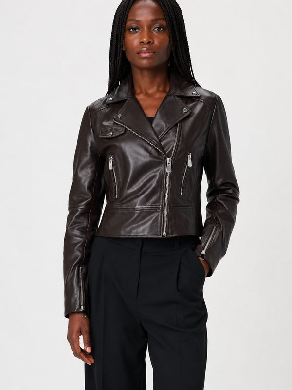 Pinko Giubbotto Donna New Sensibile Chiodo in Nappa Marrone Testa Moro 106247A3EB-L72
