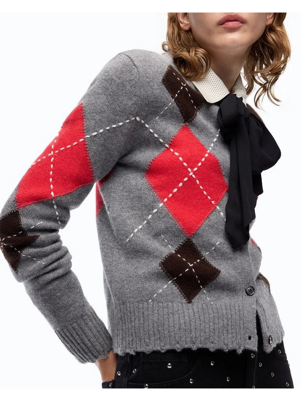 Pinko Cardiff Cardigan Donna in Lana e Cashmere Argyle Grigio/Marrone 107284A3IE-IL1