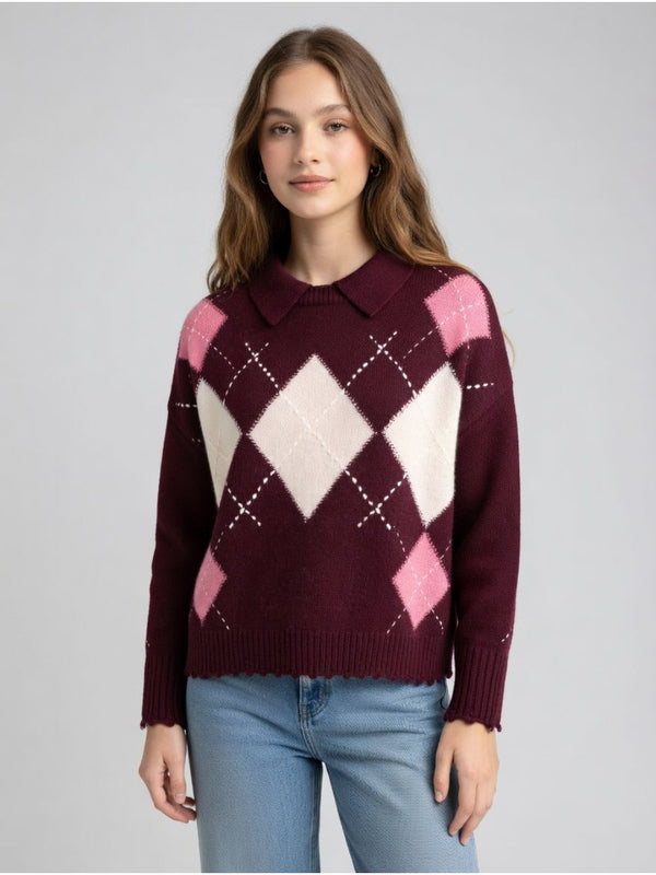 Pinko Cork Polo Donna Cropped Argyle Bordeaux/Rosa 107286A3IE-YN2