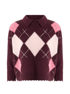 Pinko Cork Polo Donna Cropped Argyle Bordeaux/Rosa 107286A3IE-YN2