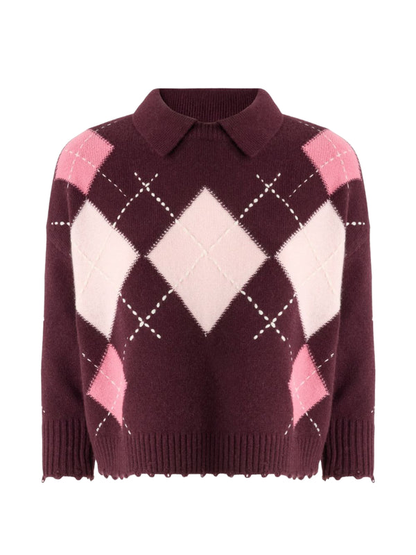 Pinko Cork Polo Donna Cropped Argyle Bordeaux/Rosa 107286A3IE-YN2