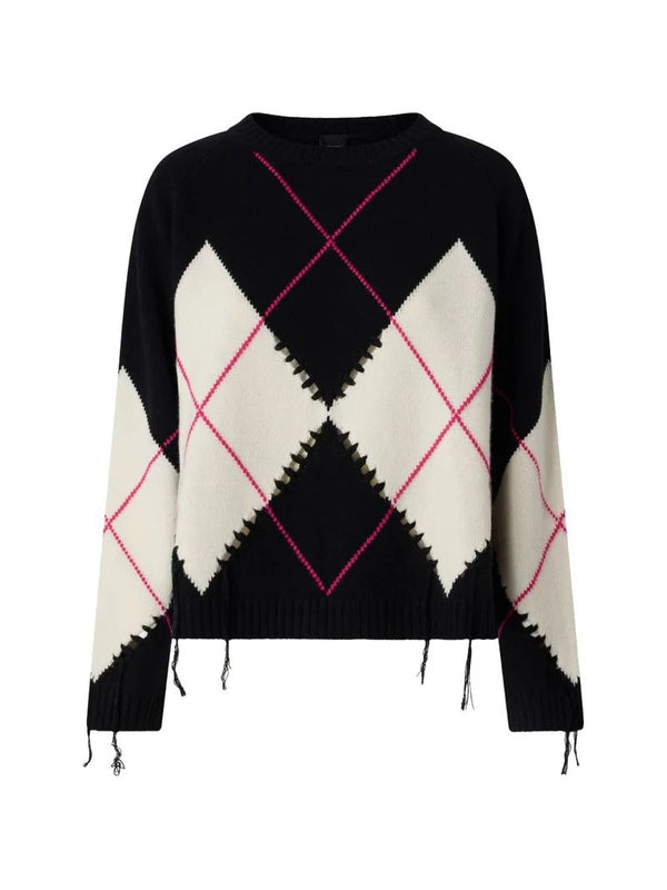 Pinko Berna Maglione Donna Argyle in Lana e Cashmere Nero Bianco Fuxia 107377A3JE-ZBF