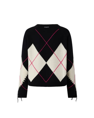 Pinko Berna Maglione Donna Argyle in Lana e Cashmere Nero Bianco Fuxia 107377A3JE-ZBF
