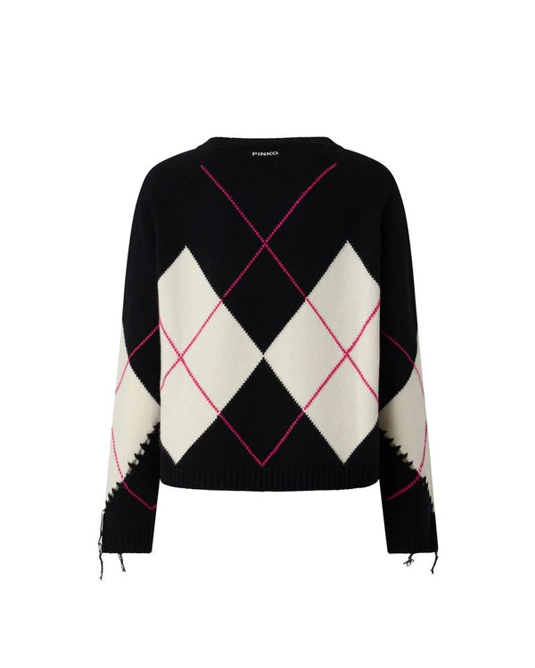 Pinko Berna Maglione Donna Argyle in Lana e Cashmere Nero Bianco Fuxia 107377A3JE-ZBF