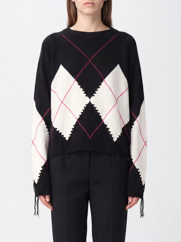 Pinko Berna Maglione Donna Argyle in Lana e Cashmere Nero Bianco Fuxia 107377A3JE-ZBF