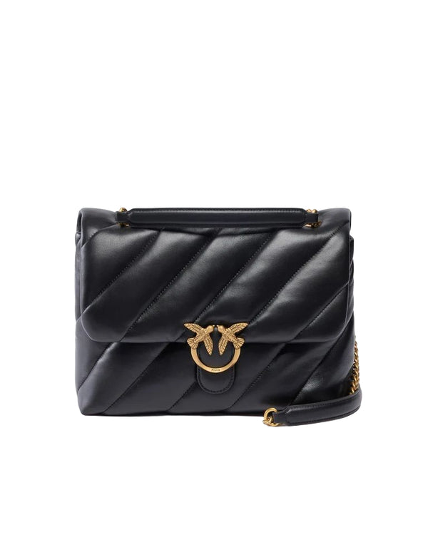 Pinko Love Puff Big Borsa a Tracolla Donna in Pelle Nera Love Birds Antique Gold 107615A0F2-Z99Q