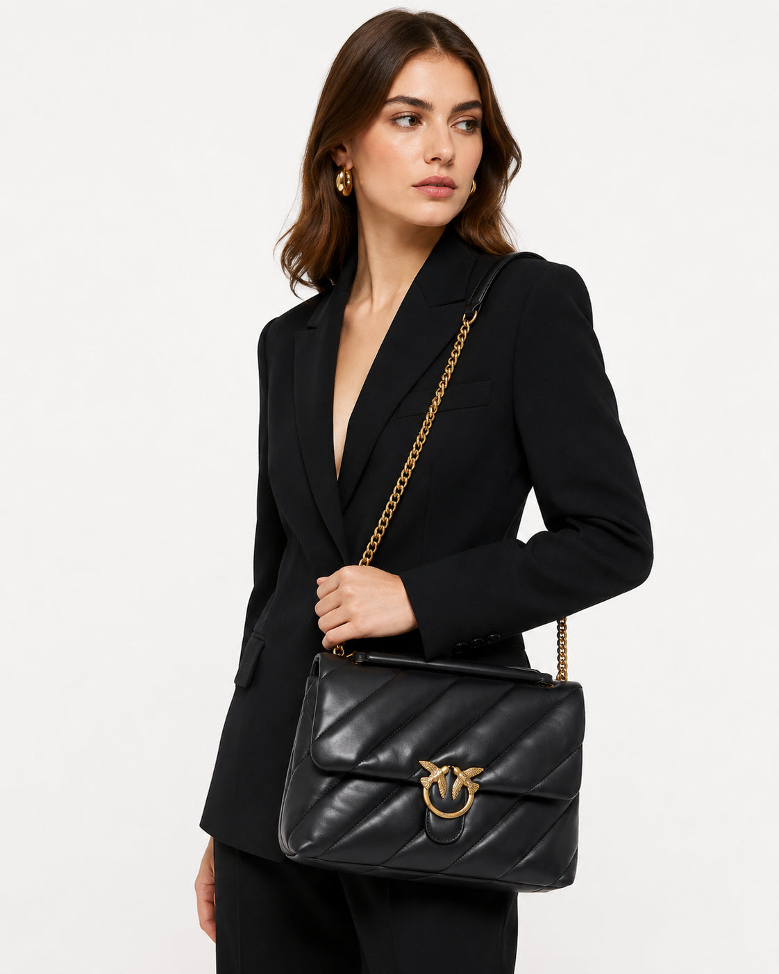 Pinko Love Puff Big Borsa a Tracolla Donna in Pelle Nera Love Birds Antique Gold 107615A0F2-Z99Q
