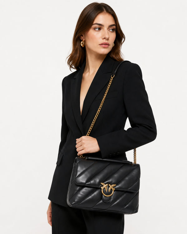 Pinko Love Puff Big Borsa a Tracolla Donna in Pelle Nera Love Birds Antique Gold 107615A0F2-Z99Q