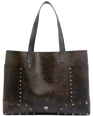 Pinko Tote Bag Donna in Pelle Dark Brown con Borchie e Patch Gold 107650A3MA-L64Y
