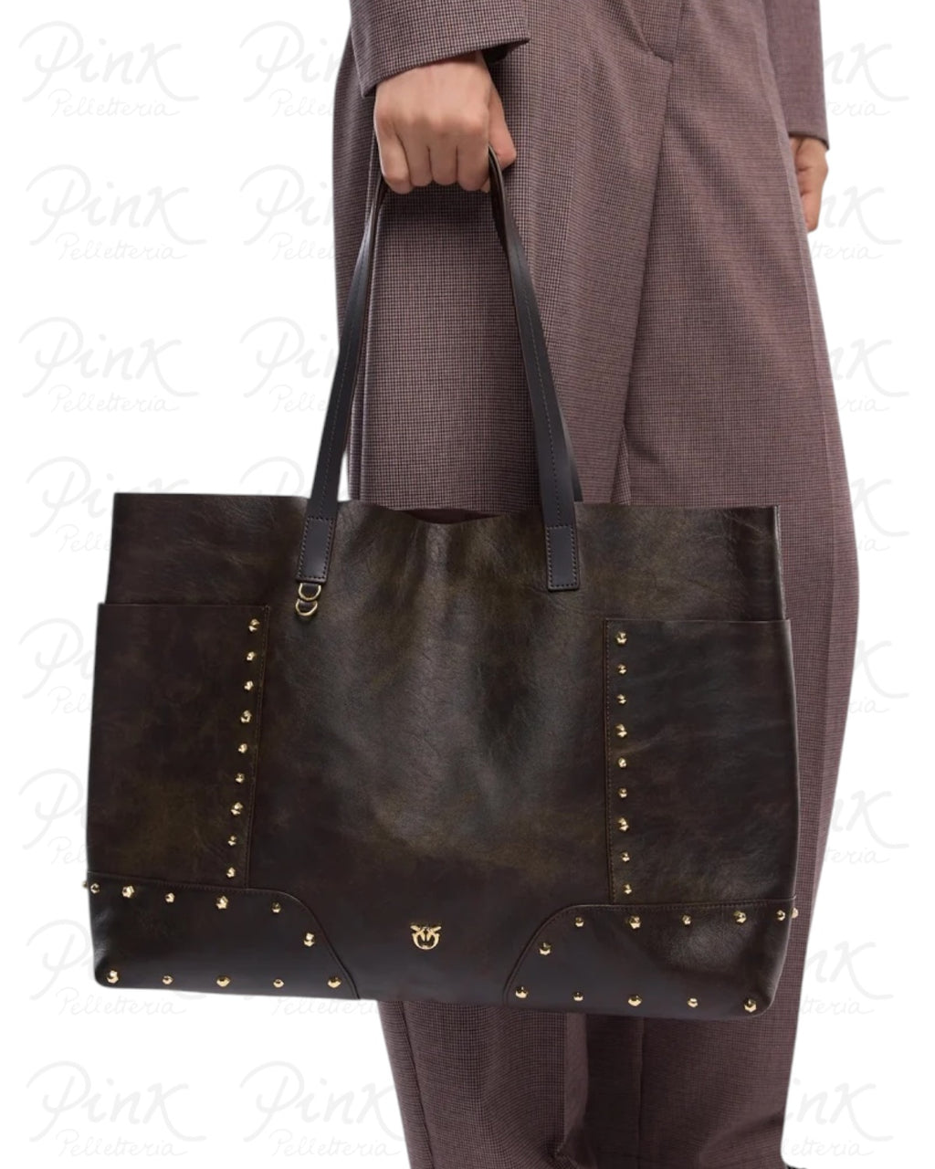 Pinko Tote Bag Donna in Pelle Dark Brown con Borchie e Patch Gold 107650A3MA-L64Y