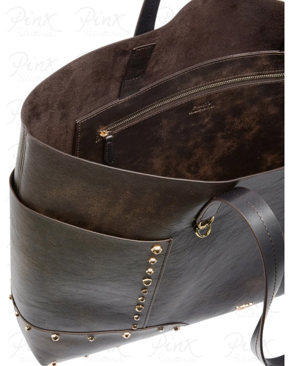 Pinko Tote Bag Donna in Pelle Dark Brown con Borchie e Patch Gold 107650A3MA-L64Y
