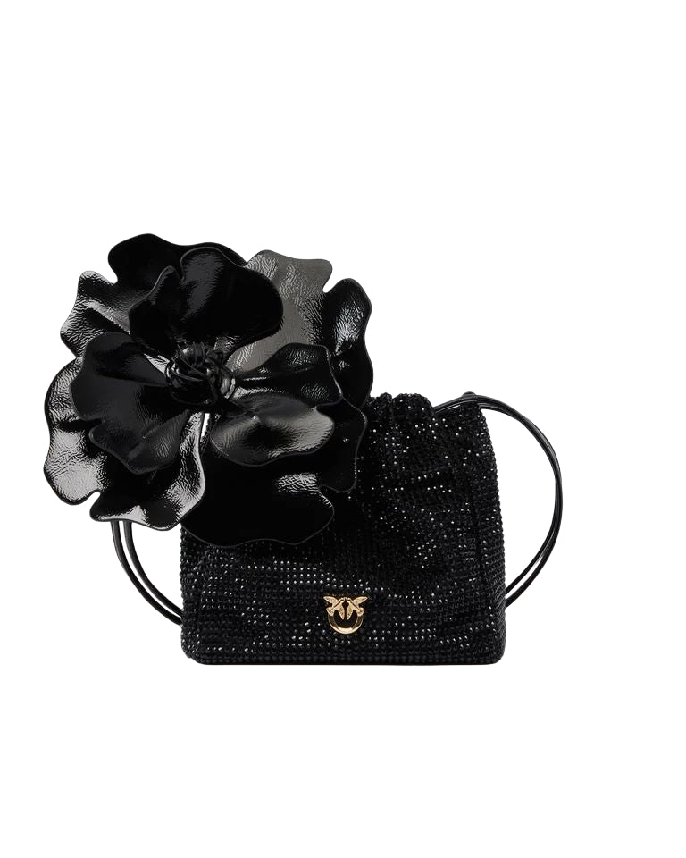 Pinko Pouch Flower Full Strass Borsa Secchiello Donna Nera con Fiore Oro 107678A2WF-Z99Y