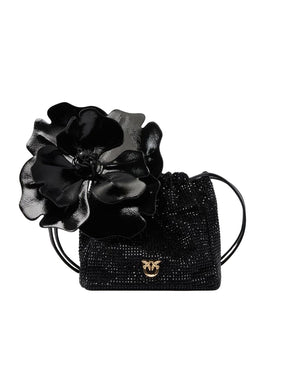 Pinko Pouch Flower Full Strass Borsa Secchiello Donna Nera con Fiore Oro 107678A2WF-Z99Y