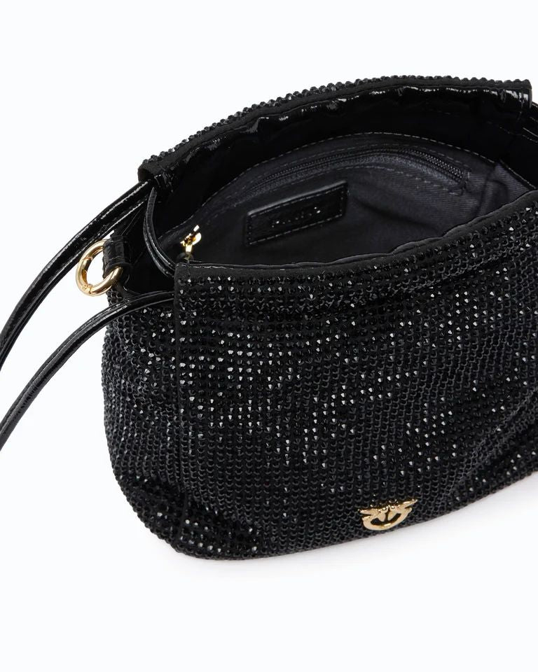 Pinko Pouch Flower Full Strass Borsa Secchiello Donna Nera con Fiore Oro 107678A2WF-Z99Y