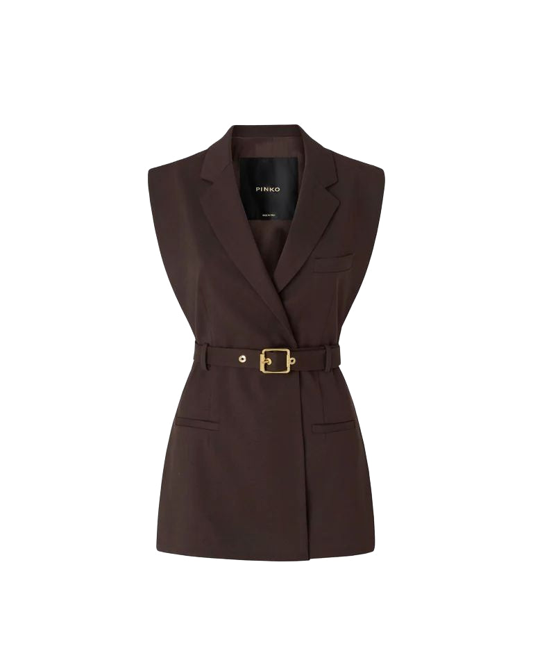 Pinko Nuraqus Gilet Sartoriale Donna in Misto Lana Marrone Oltre Buio con Cintura 107727A3MS-M04