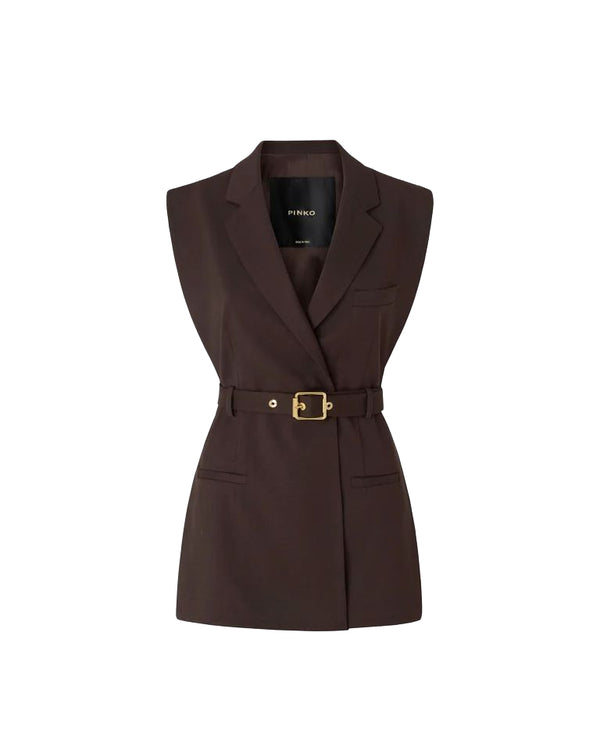 Pinko Nuraqus Gilet Sartoriale Donna in Misto Lana Marrone Oltre Buio con Cintura 107727A3MS-M04