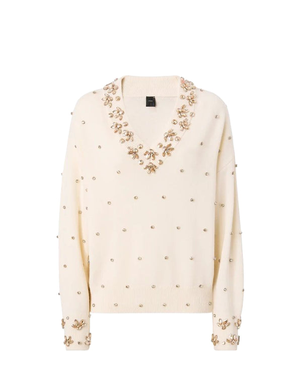 Pinko Pigolio Maglia Donna in Lana e Cashmere con Applicazioni Gioiello Bianco Purezza 107878A3P5-Z06