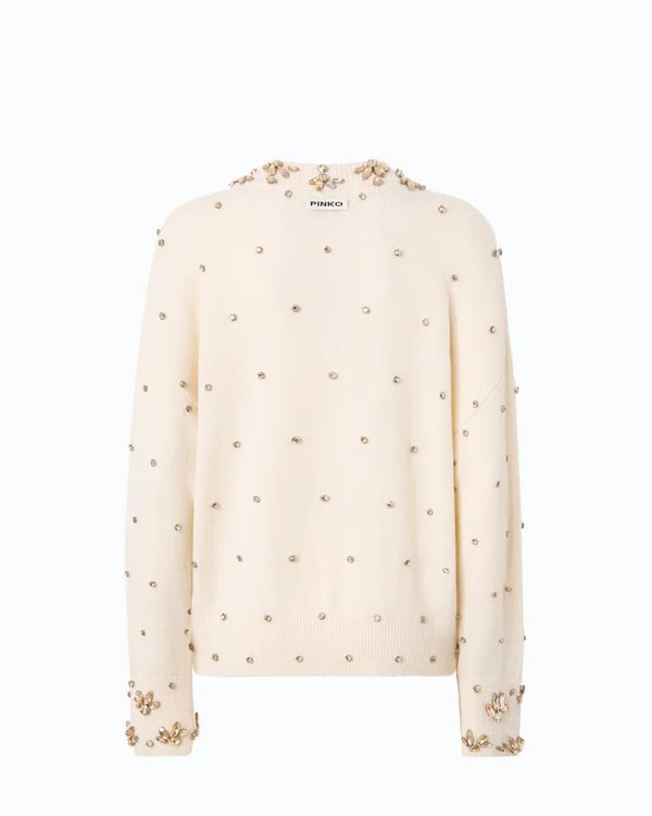 Pinko Pigolio Maglia Donna in Lana e Cashmere con Applicazioni Gioiello Bianco Purezza 107878A3P5-Z06