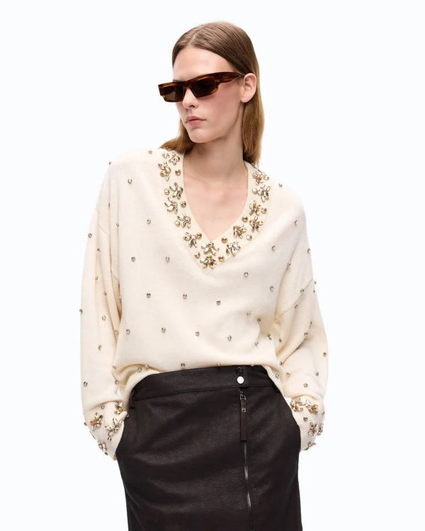 Pinko Pigolio Maglia Donna in Lana e Cashmere con Applicazioni Gioiello Bianco Purezza 107878A3P5-Z06