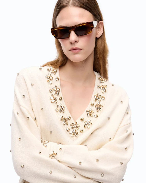 Pinko Pigolio Maglia Donna in Lana e Cashmere con Applicazioni Gioiello Bianco Purezza 107878A3P5-Z06