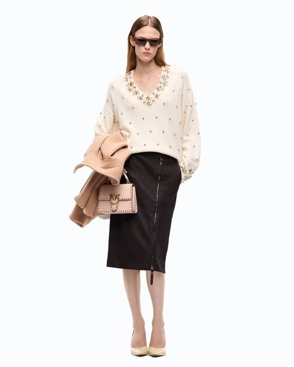 Pinko Pigolio Maglia Donna in Lana e Cashmere con Applicazioni Gioiello Bianco Purezza 107878A3P5-Z06