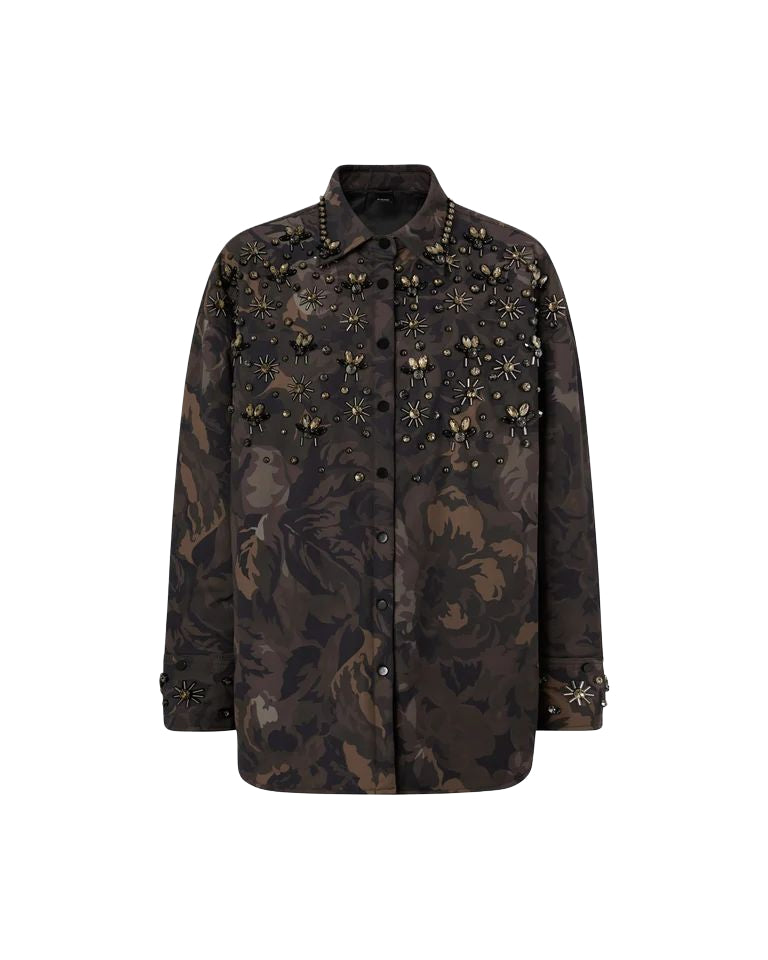 Pinko Barengo Overshirt Donna in Tela Tecnica Camouflage Verde e Nero con Applicazioni Gioiello 107916A3LY-SD3