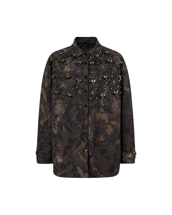 Pinko Barengo Overshirt Donna in Tela Tecnica Camouflage Verde e Nero con Applicazioni Gioiello 107916A3LY-SD3
