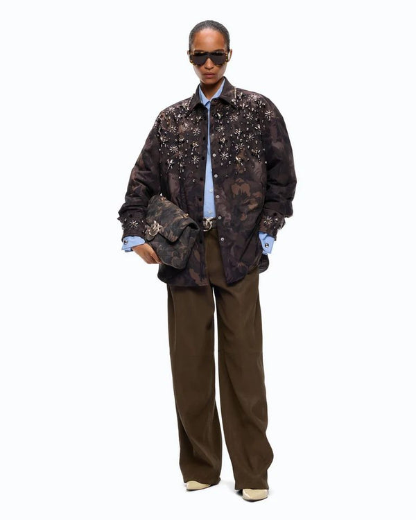 Pinko Barengo Overshirt Donna in Tela Tecnica Camouflage Verde e Nero con Applicazioni Gioiello 107916A3LY-SD3