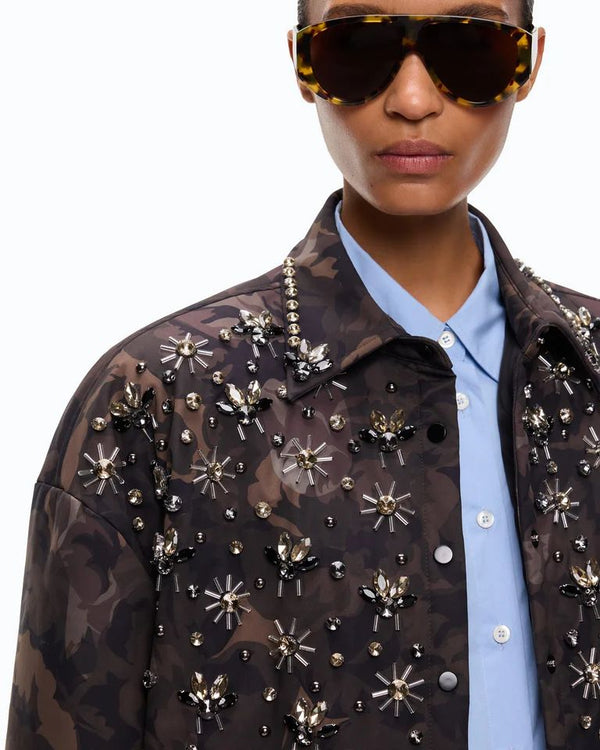 Pinko Barengo Overshirt Donna in Tela Tecnica Camouflage Verde e Nero con Applicazioni Gioiello 107916A3LY-SD3
