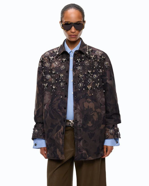 Pinko Barengo Overshirt Donna in Tela Tecnica Camouflage Verde e Nero con Applicazioni Gioiello 107916A3LY-SD3