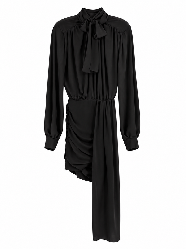 Actualee Abito Donna Nero con Fiocco e Drappeggio AB4138-17119-BLACK
