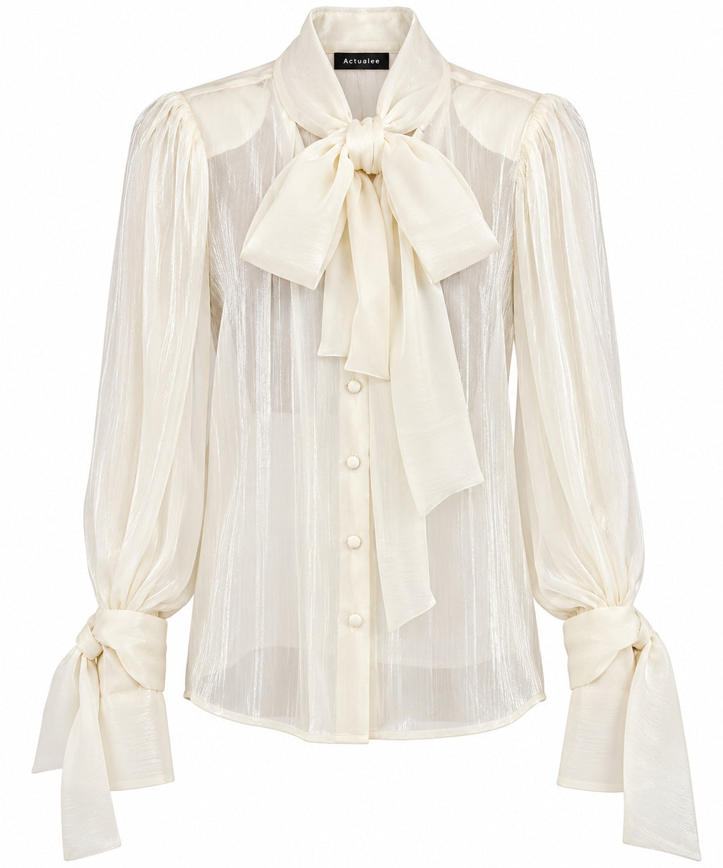 Actualee Camicia Blusa Donna Vanilla Semitrasparente con Fiocco al Collo  CA631-17135