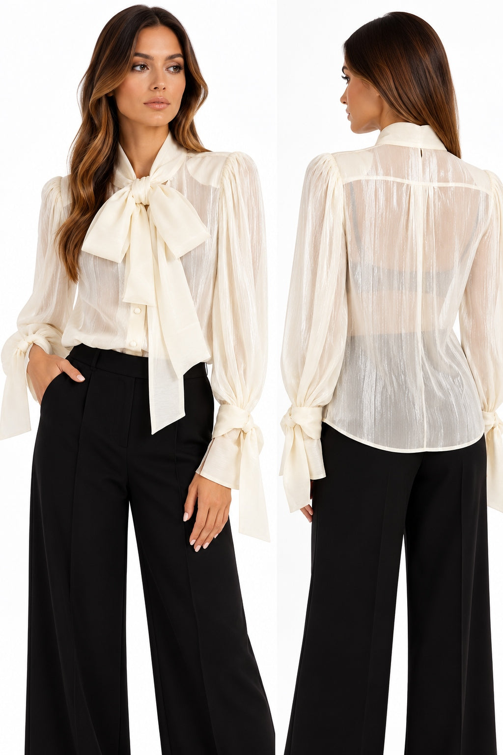 Actualee Camicia Blusa Donna Vanilla Semitrasparente con Fiocco al Collo  CA631-17135