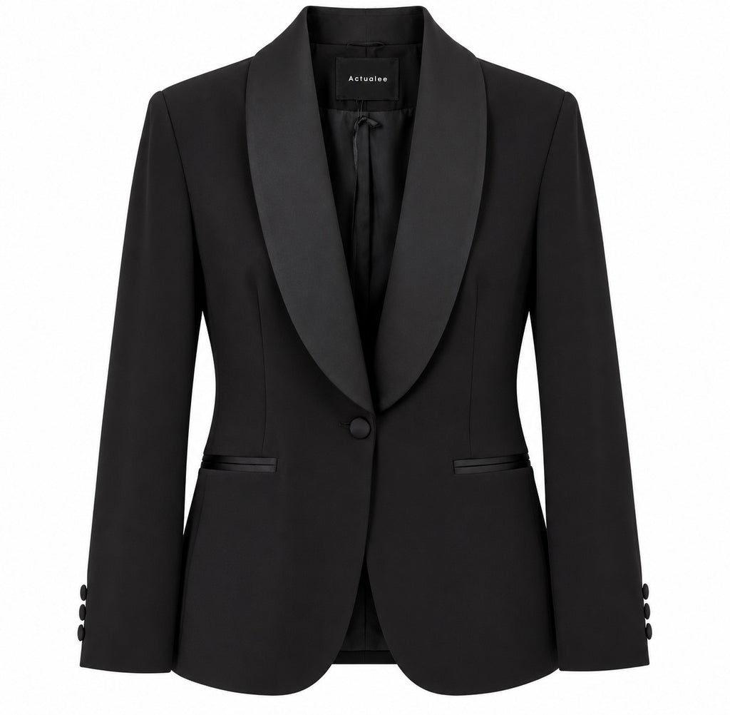Actualee Giacca Blazer Donna Nero con Collo a Scialle  GI1082-GC031
